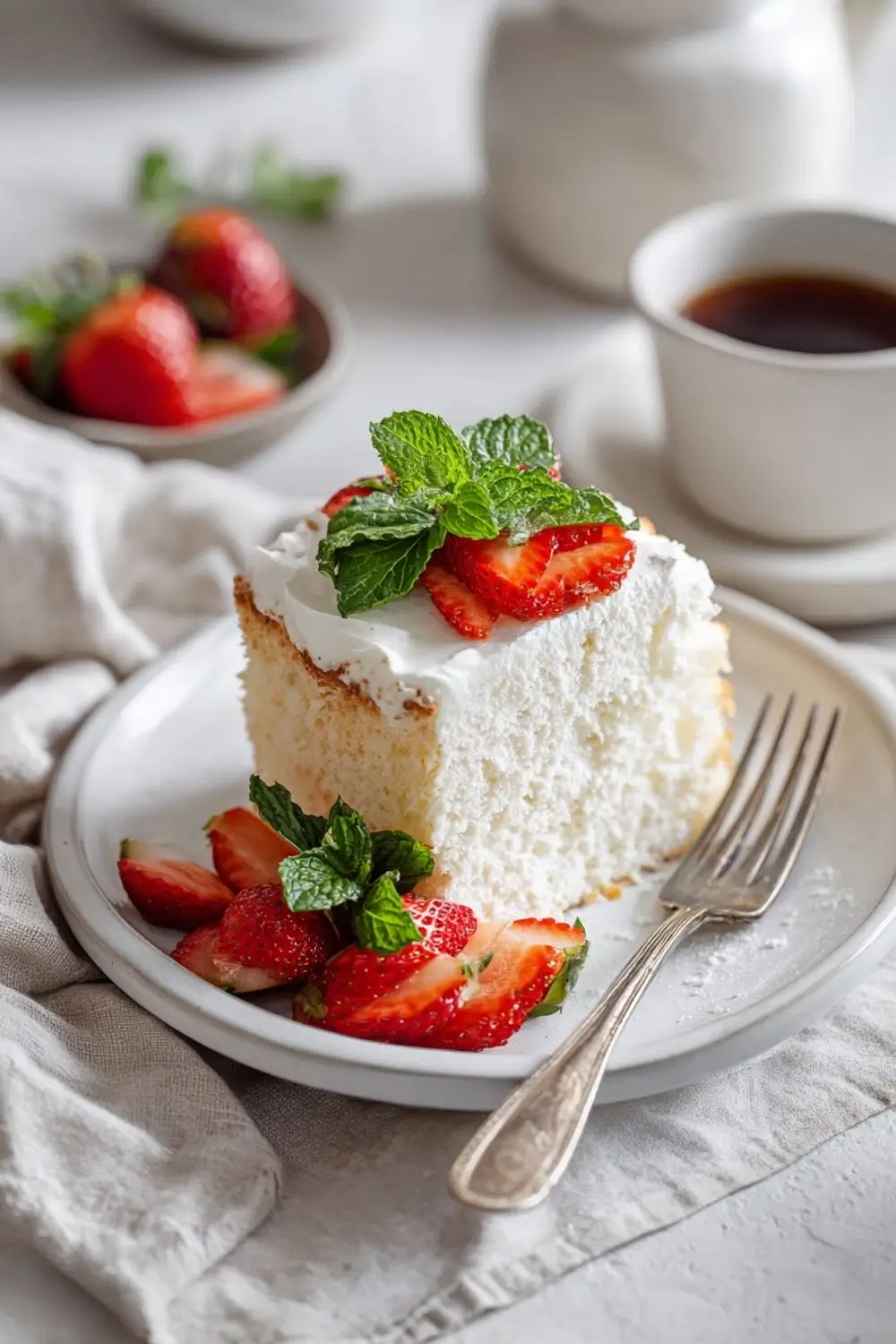 gluten-free-angel-food-cake-slice-serving slice of gluten free angel food cake served with strawberries