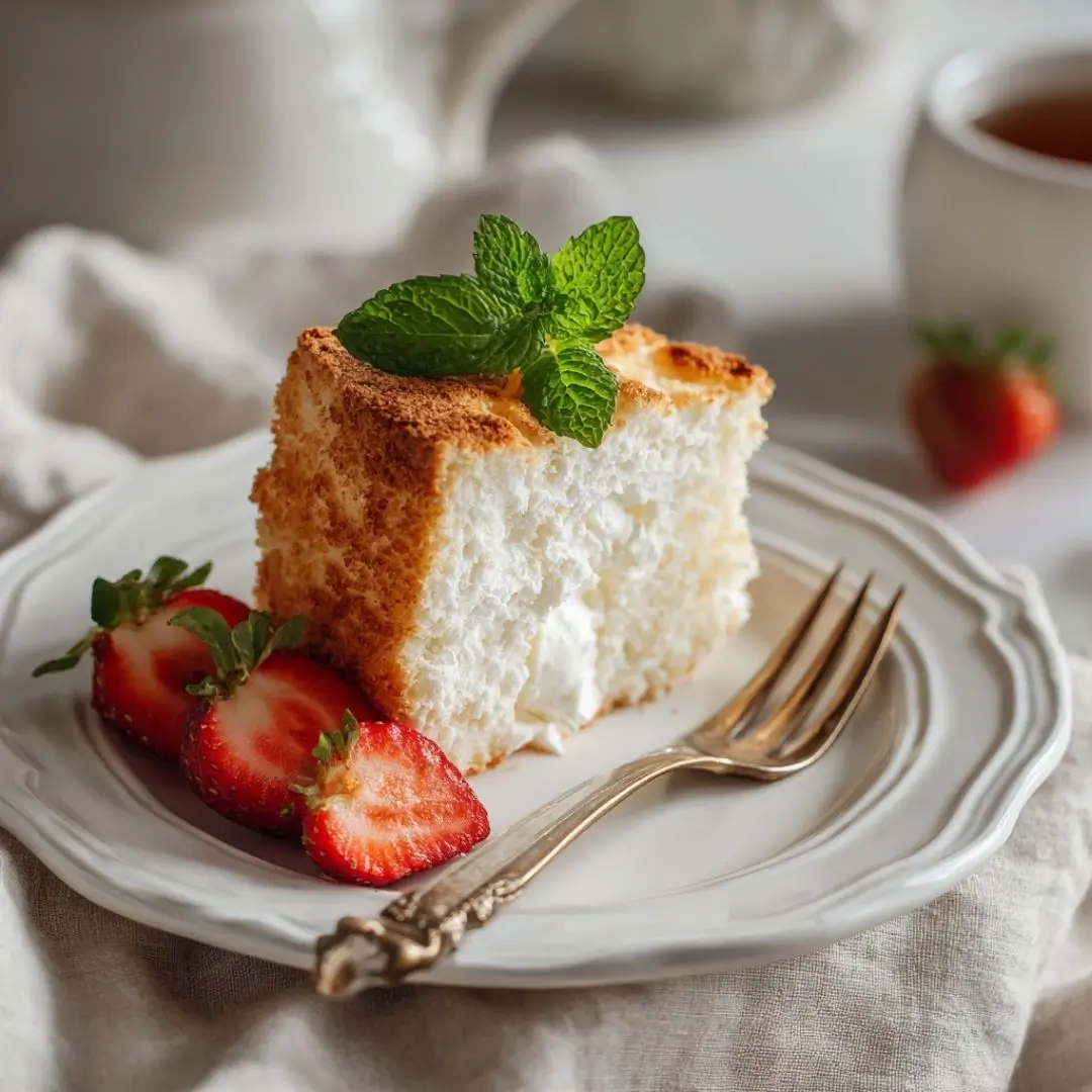 gluten free angel food cake recipe card with sliced cake