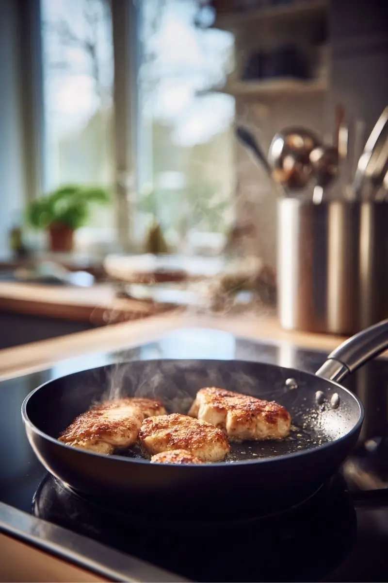 Golden Searing of Chicken for Marsala Chicken fillets being pan-seared in a non-stick skillet on a modern induction cooktop, gluten free chicken marsala recipe