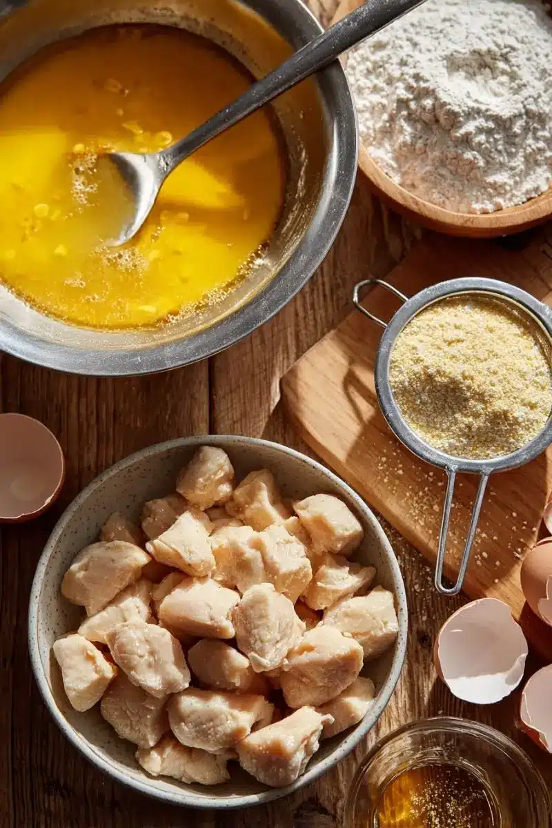Coating Chicken for a Gluten-Free Crunch Chicken pieces being coated in gluten-free cornstarch and egg in separate bowls on a wooden kitchen counter. gluten free sweet and sour chicken recipe