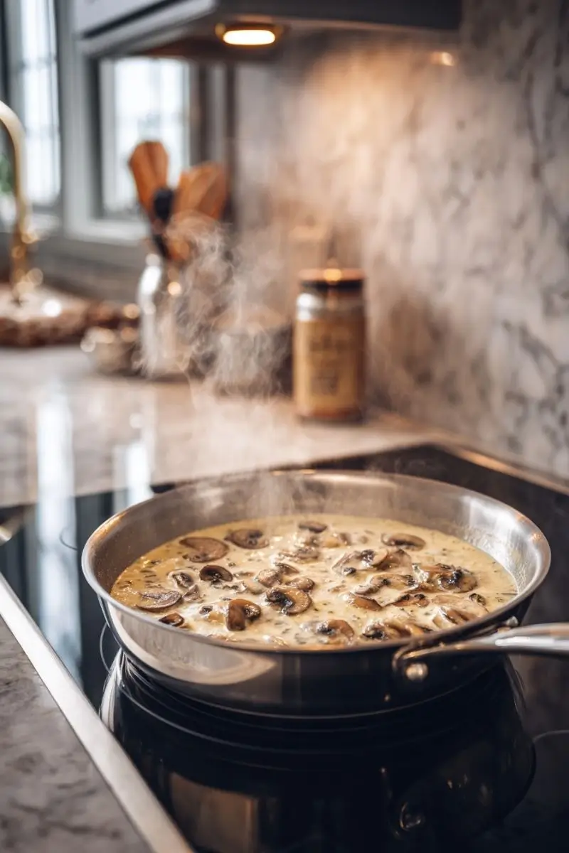 Simmering the Wine-Free Mushroom Sauce gluten free chicken marsala recipe, creamy mushroom sauce simmering in a stainless pan on a modern stove during chicken marsala preparation
