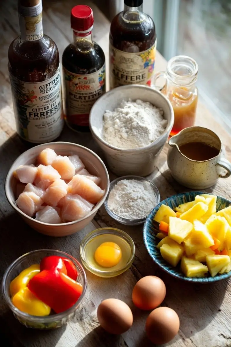 Crispy Sweet and Sour Chicken Served Gluten-Free (1) A flat lay of gluten-free cooking ingredients including cubed chicken, tamari, pineapple juice, and fresh vegetables. gluten free sweet and sour chicken recipe