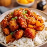 Gluten Free Sweet and Sour Chicken Recipe That Tastes Like Takeout 3 gluten free sweet and sour chicken recipe a plated serving of crispy gluten-free chicken in sweet and sour sauce over jasmine rice with green onions and sesame seeds.