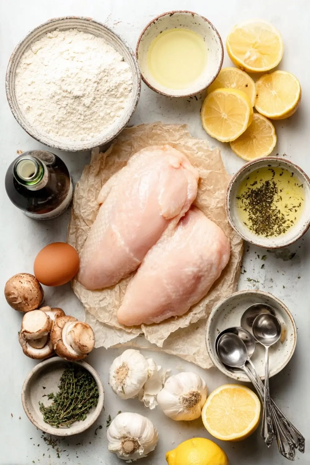 Essential Ingredients for Chicken Marsala Flat-lay of ingredients for gluten-free chicken Marsala: raw chicken, mushrooms, gluten-free flour, Marsala wine, herbs, and garlic on slate