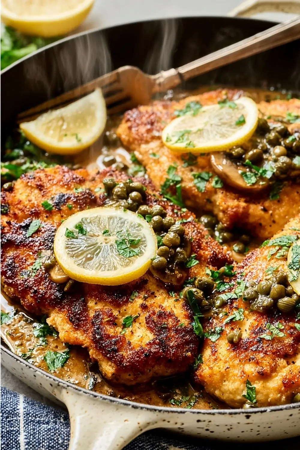 Hero Shot Gluten-Free Chicken Marsala (1) gluten free chicken piccata recipe hero image showing golden chicken breasts topped with mushroom-Marsala sauce on a rustic plate.