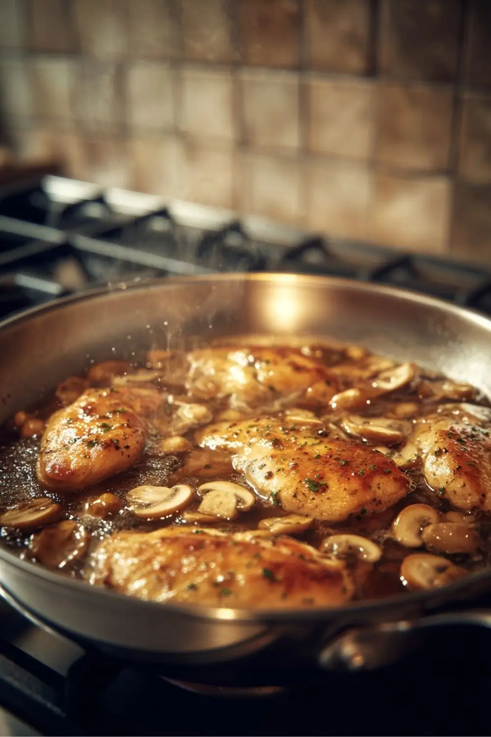 Simmer in Marsala Sauce Seared chicken breasts simmering in Marsala wine sauce with mushrooms in a stainless pan, steam rising. gluten free chicken piccata recipe