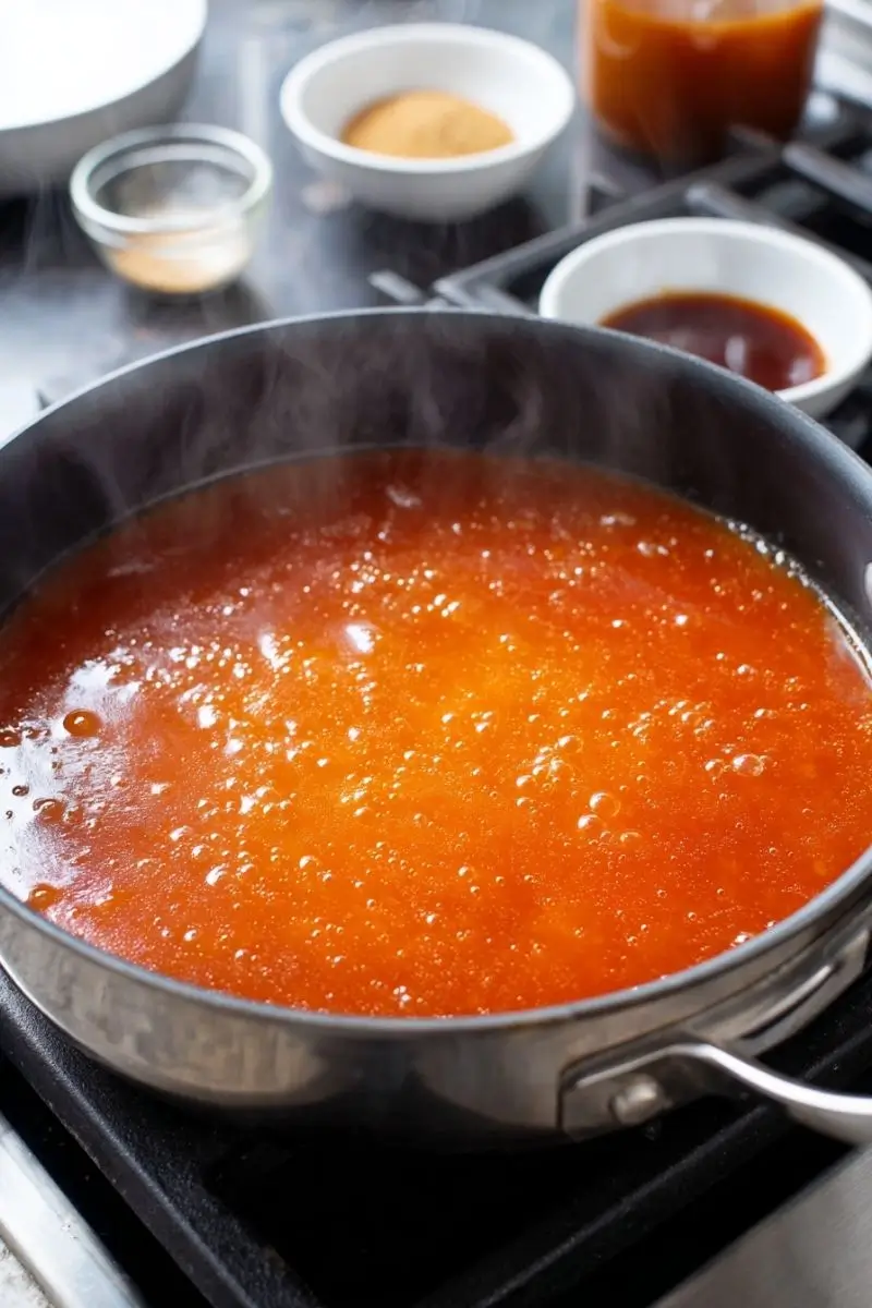 Simmering the Tangy Sweet and Sour Sauce Sweet and Sour Chicken Served Gluten-Free A saucepan with sweet and sour sauce simmering and thickening with ingredients nearby on a clean stovetop.