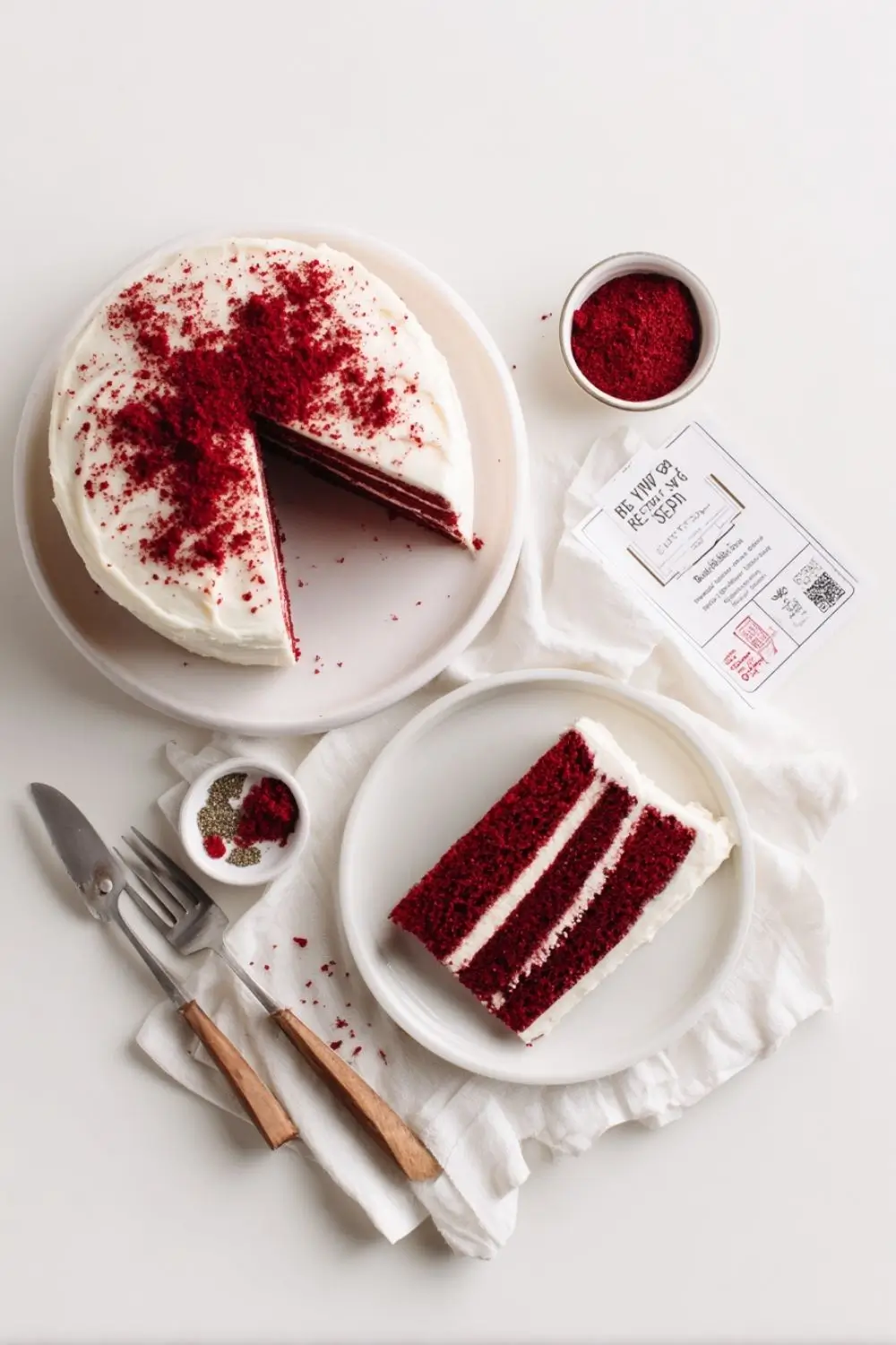 serving-gluten-free-red-velvet-cake-slice slice of gluten free red velvet cake served with cream cheese frosting
