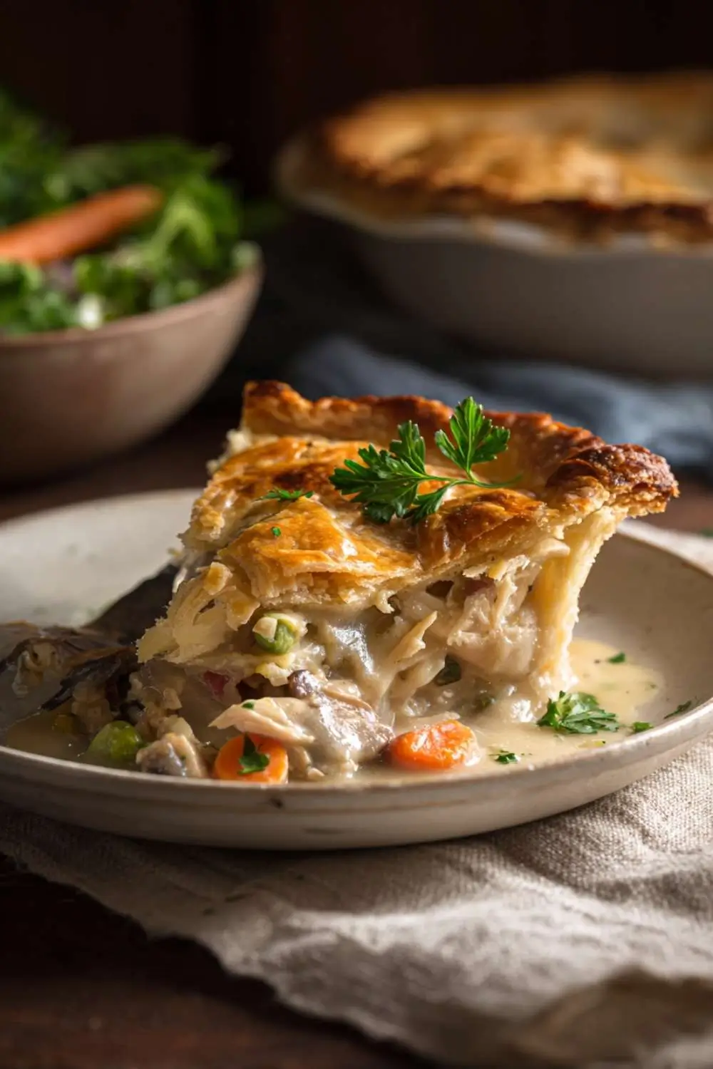 served-gluten-free-chicken-pot-pie.jpg Slice of gluten-free chicken pot pie with flaky crust