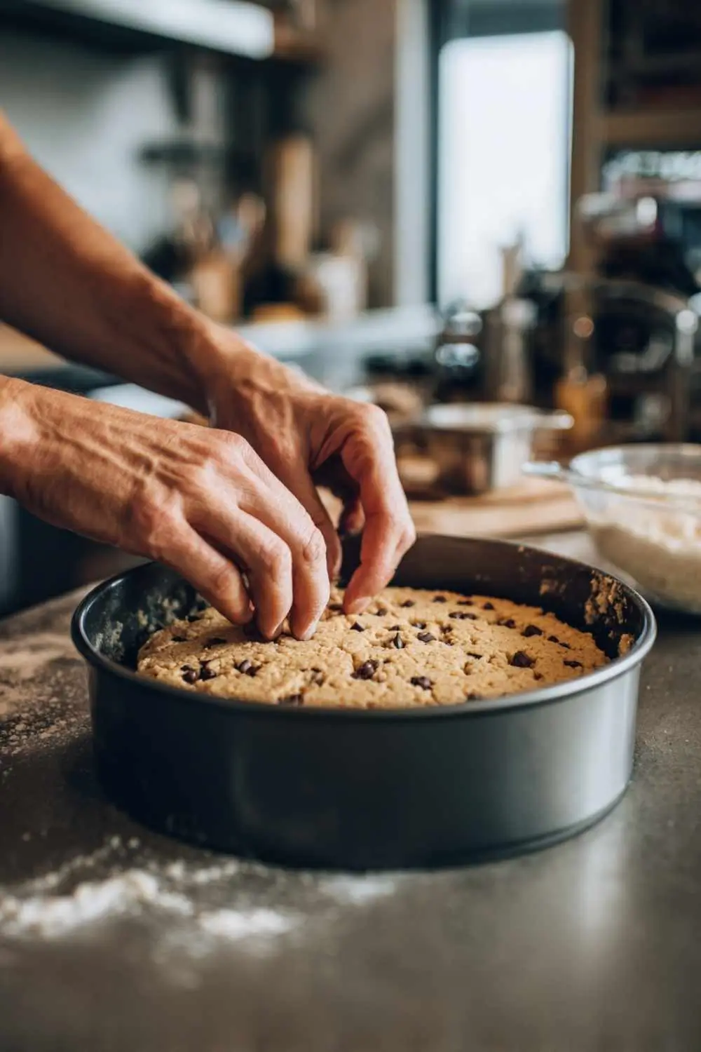pressing-gluten-free-cookie-dough pressing gluten free cookie dough into cake pan; gluten free cookie cake recipe