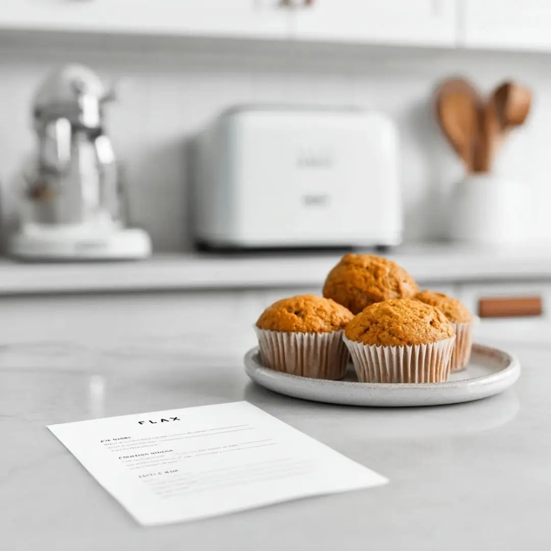gluten-free-flax-muffin-recipe-card gluten free flax muffin recipe card in a modern kitchen