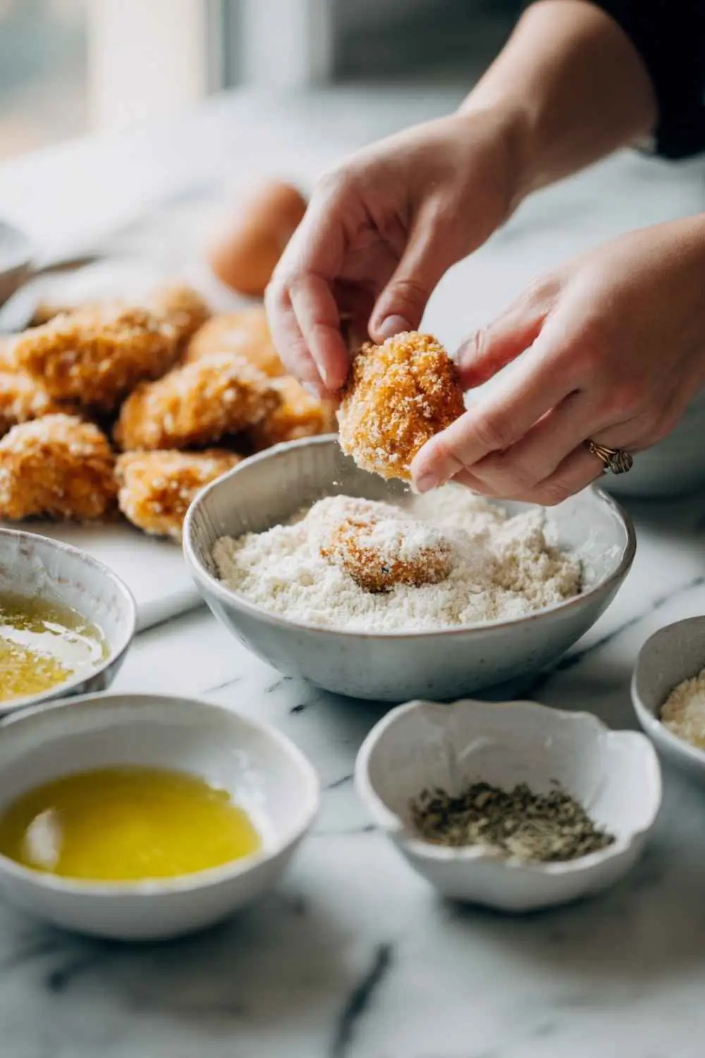 gluten-free-chicken-nuggets-prep-process. Chicken pieces being breaded gluten-free style by hand