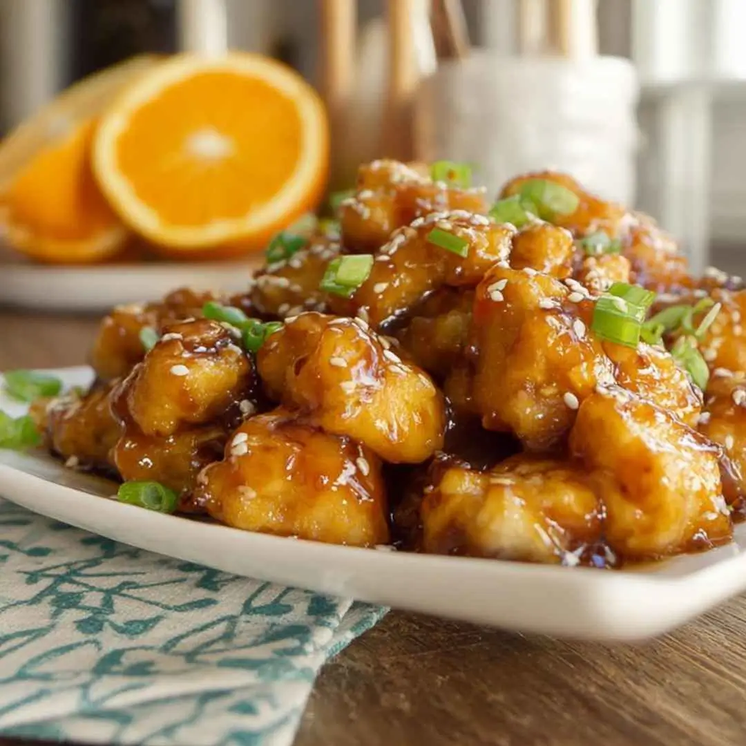 Gluten free orange chicken recipes, served on a white plate with scallions