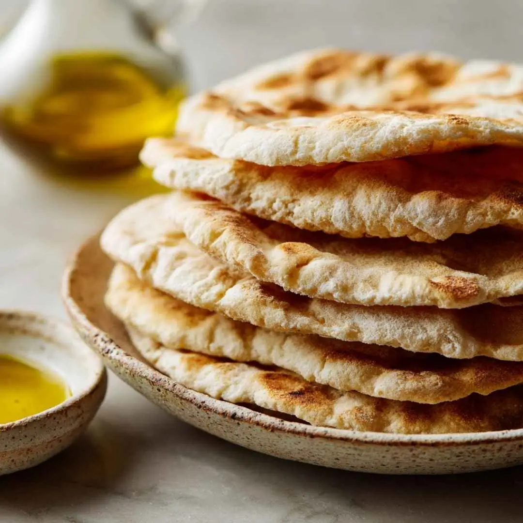Stacked gluten free pita bread on plate in modern kitchen