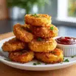 Chicken Nuggets Recipe Gluten Free – Crispy, Oven or Air Fryer 3 Crispy gluten free chicken nuggets on white plate with sauce