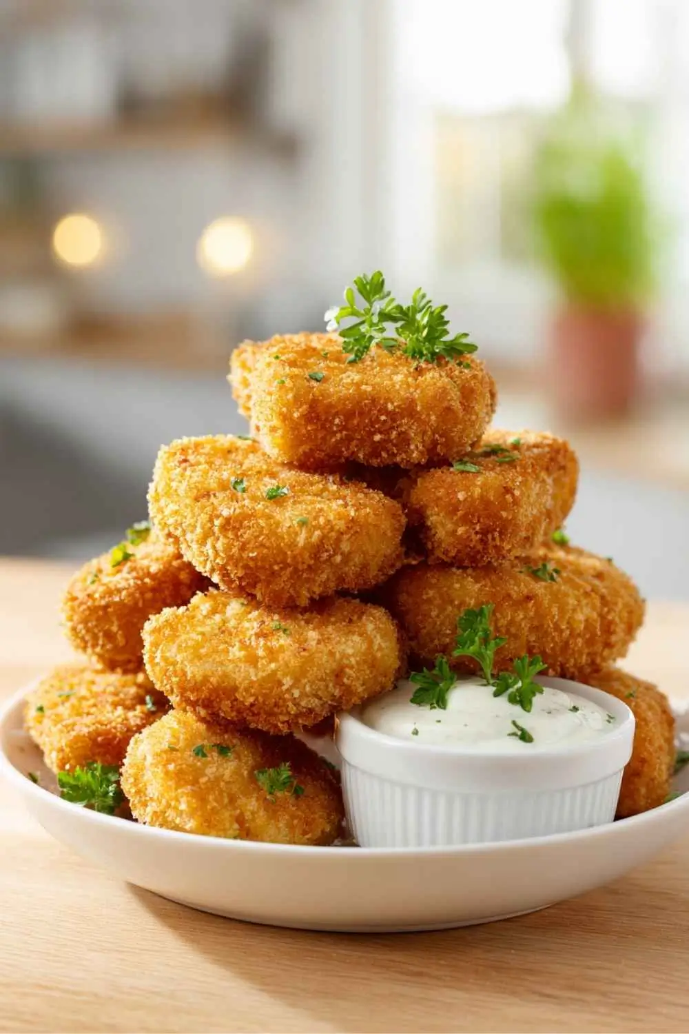 gluten-free-chicken-nuggets-recipe-feature Crispy gluten free chicken nuggets on white plate with sauce