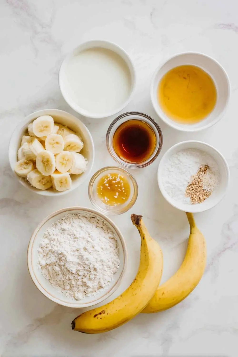 banana-bread-gluten-dairy-free-ingredients Ingredients for gluten and dairy free banana bread arranged in bowls