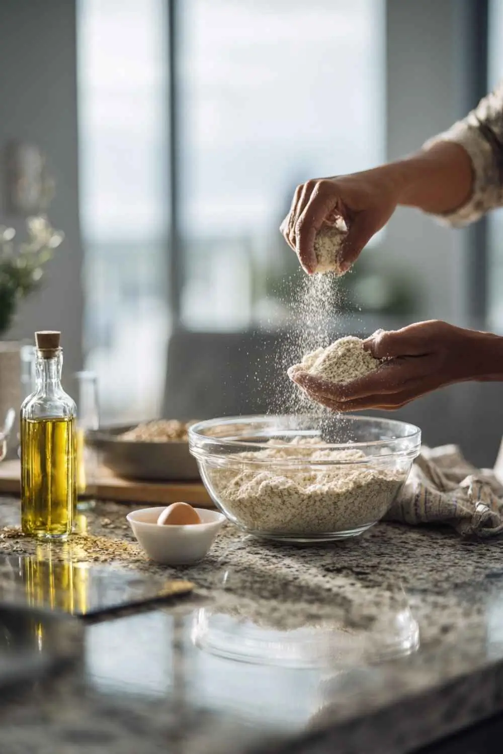measuring-ingredients-gluten-egg-free-bread Hands measuring oat flour and flax egg in modern kitchen