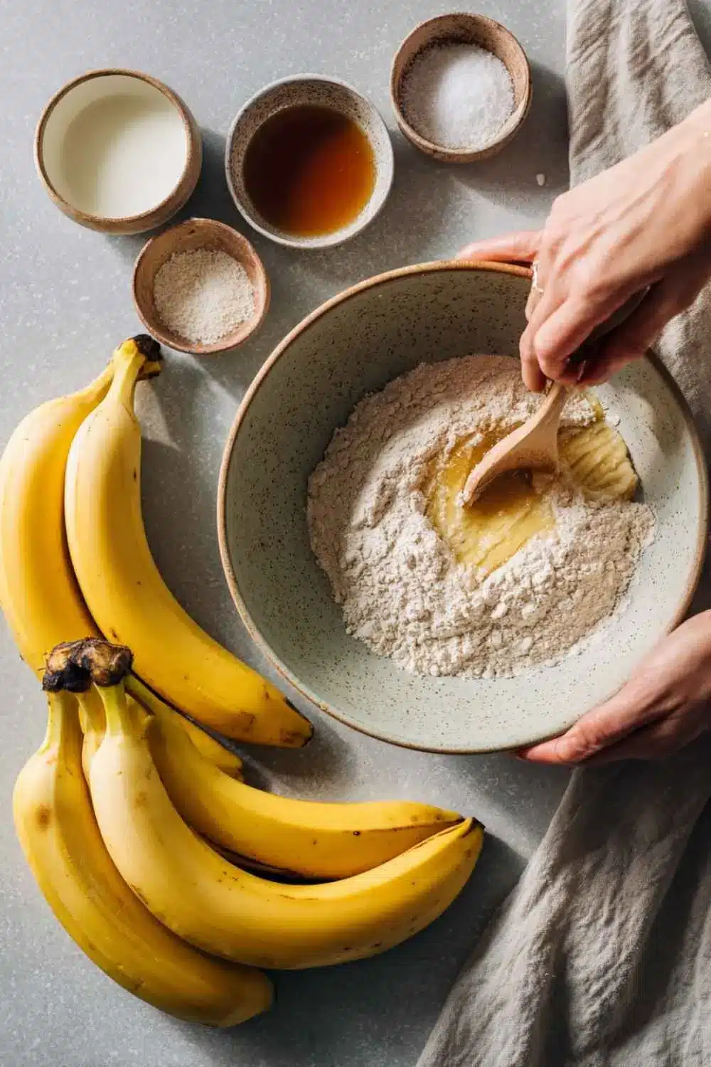 how-to-make-gluten-dairy-free-banana-bread Ingredients and banana being mashed for gluten dairy free banana bread