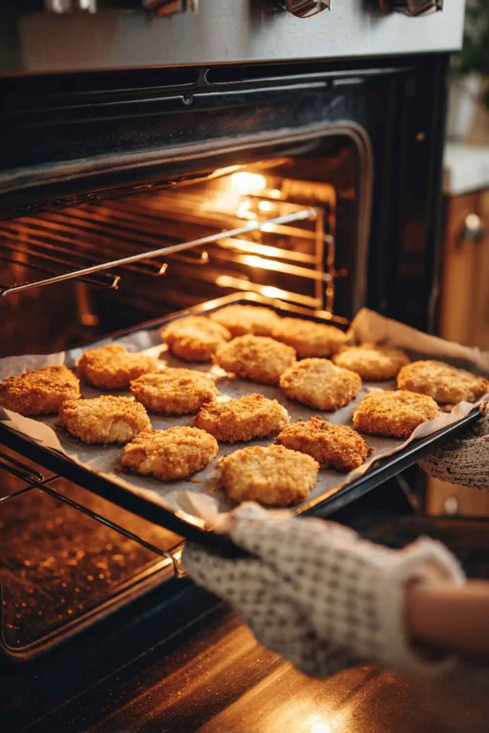 gluten-free-chicken-nuggets-baked Gluten free chicken nuggets baked on wire rack in oven