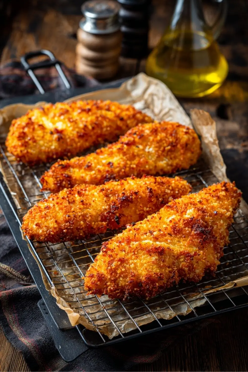 baked-chicken-tenders-gluten-free Gluten free chicken tenders baking on a wire rack in oven