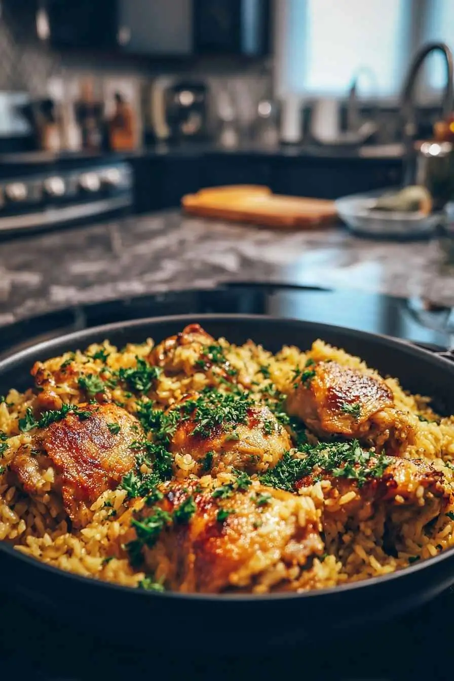 chicken-and-gluten-free-rice-pilaf one-pan chicken and gluten free rice pilaf in a modern kitchen