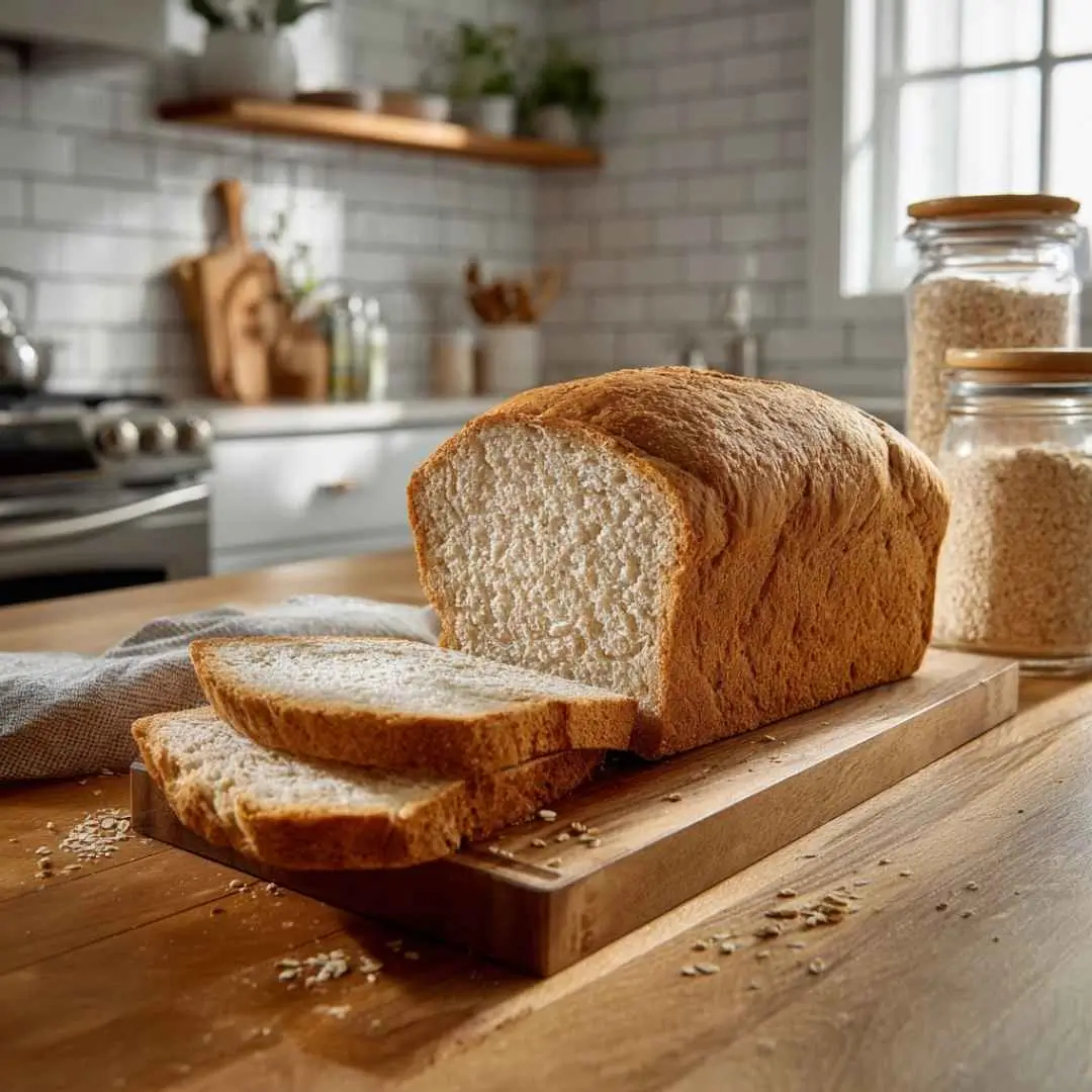 Sliced gluten free egg free bread on cutting board in modern kitchen