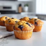 Gluten and Dairy Free Muffins Recipe: Moist, Easy & Delicious 3 gluten and dairy free blueberry muffins on modern kitchen island