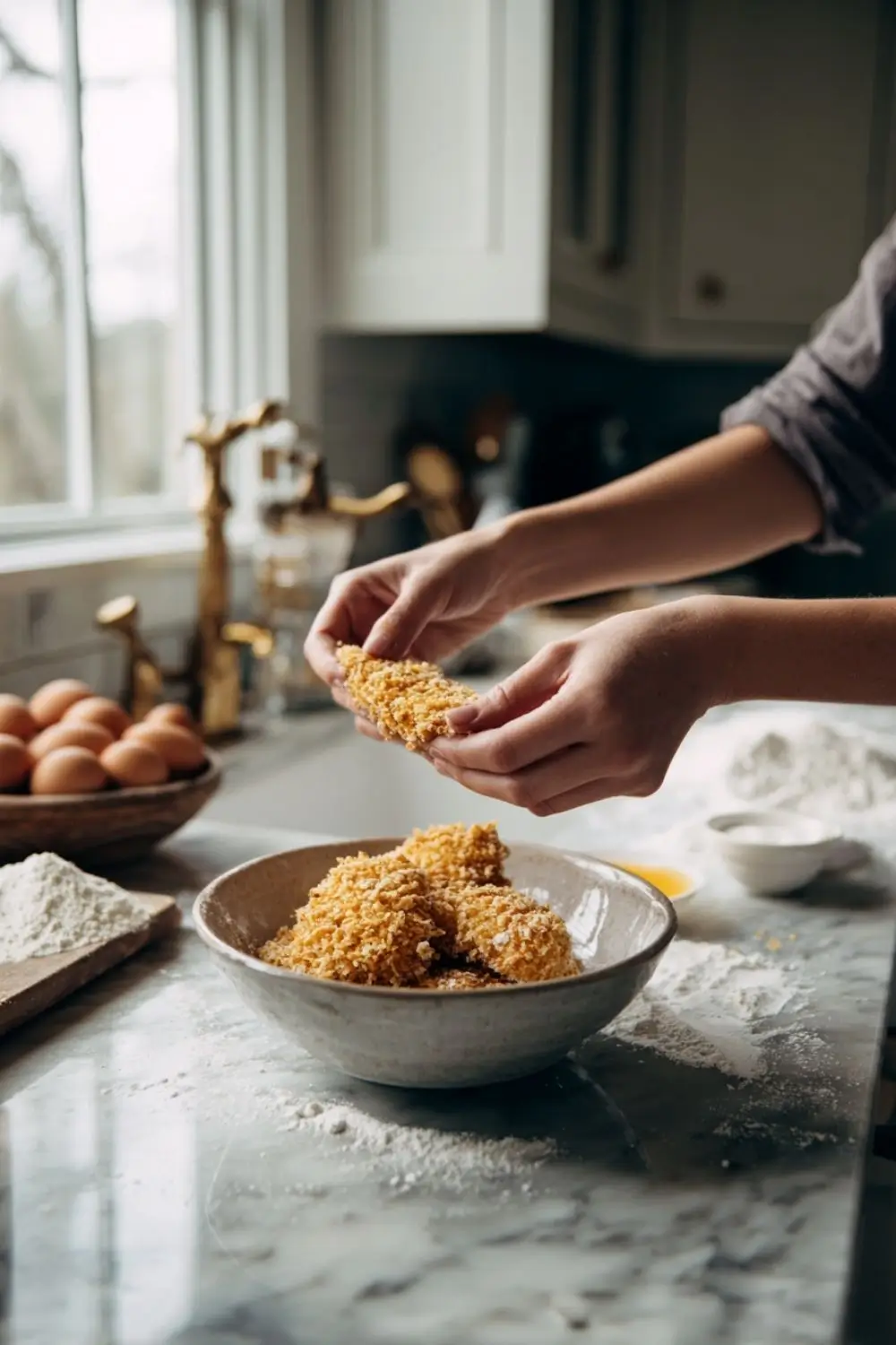 gluten-free-breaded-chicken-tenders-prep Breaded gluten free chicken tender being prepared
