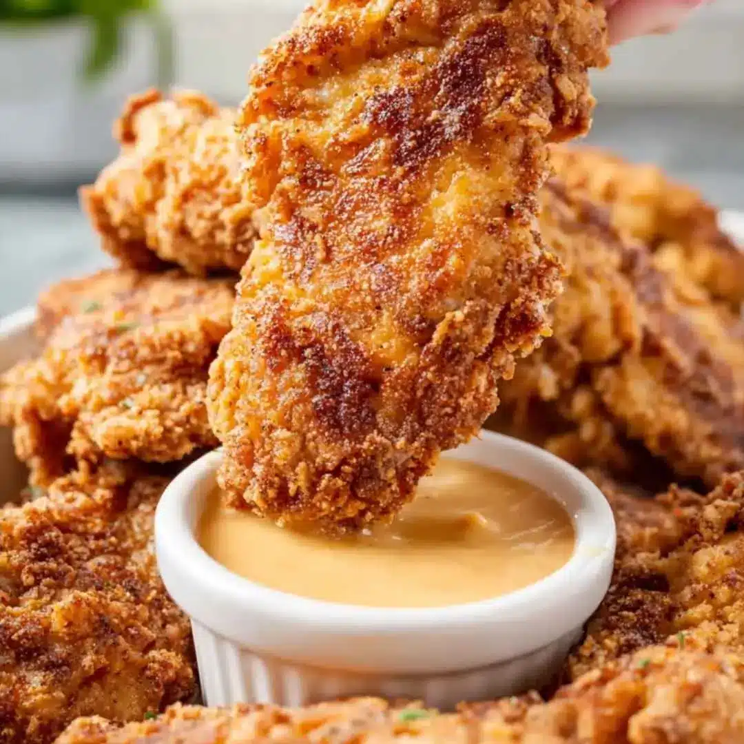 Gluten free chicken tenders on a plate with dipping sauce
