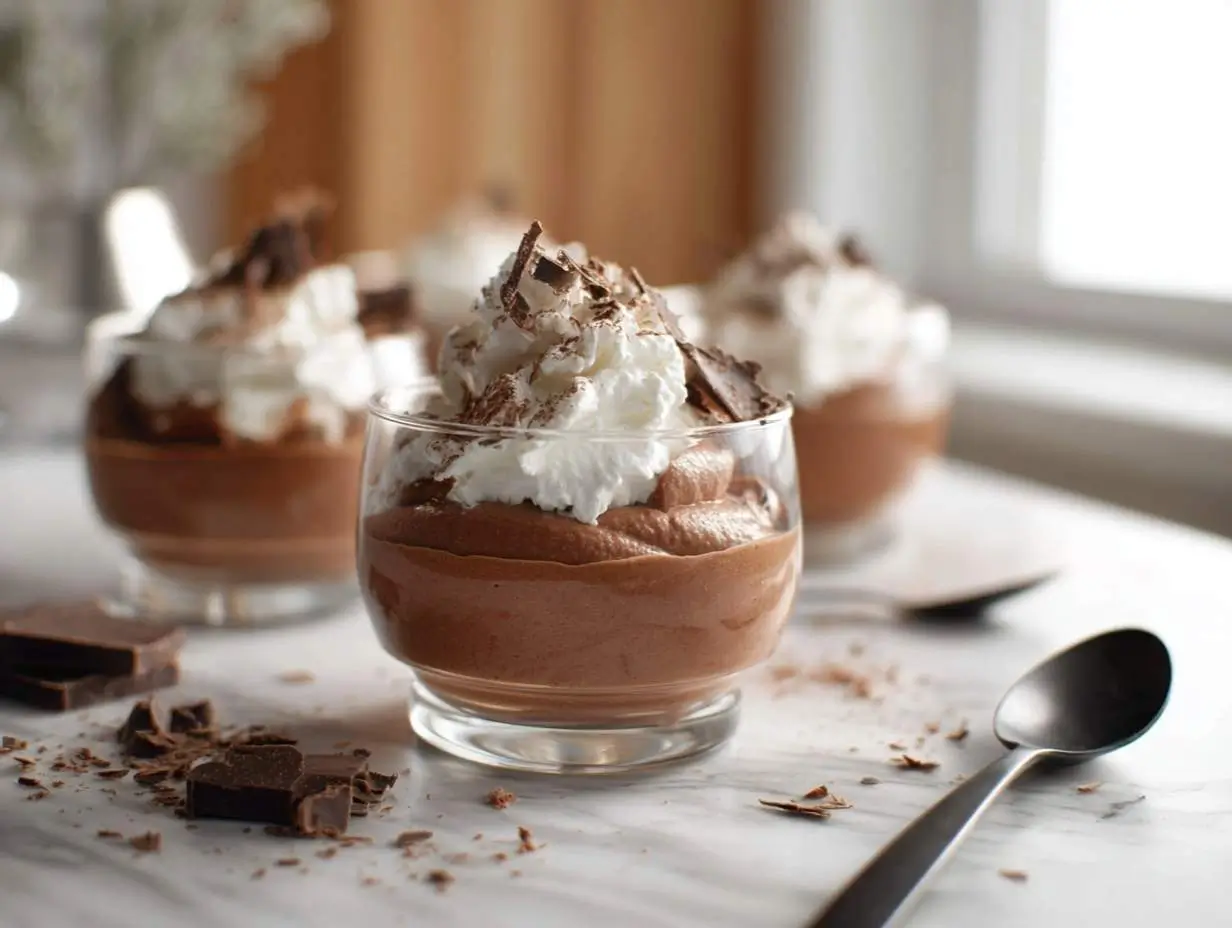 gluten-free-chocolate-mousse-featured (1) chocolate mousse in glass jars on marble counter