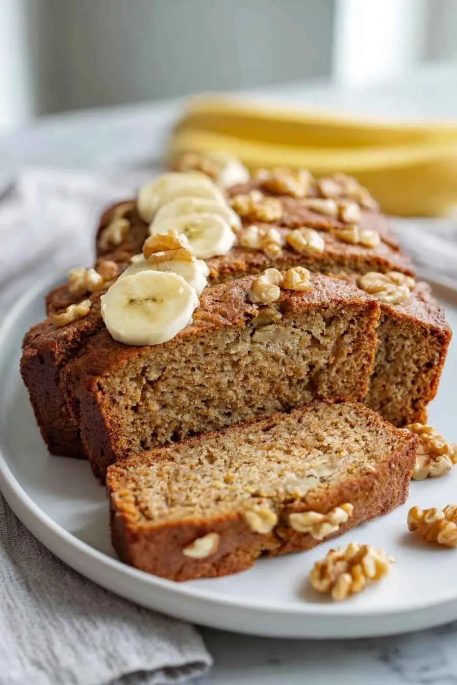 gluten-free-dairy-free-banana-bread gluten free dairy free banana bread on a white plate with bananas and walnuts