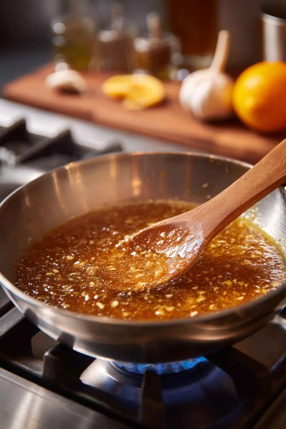 gluten-free-orange-chicken-sauce Homemade gluten free orange chicken sauce simmering on stove
