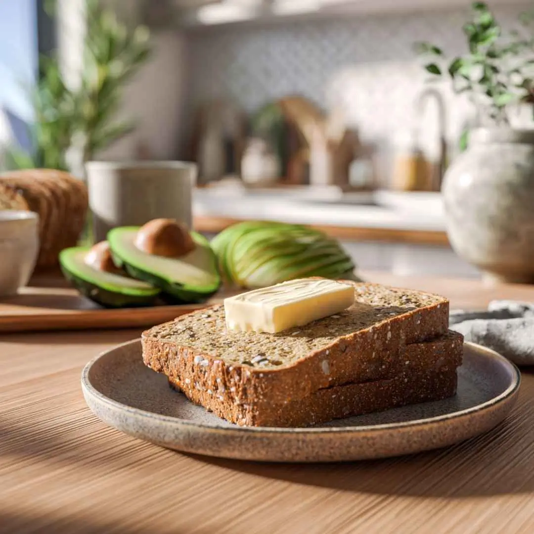 gluten-free-vegan-bread-toast-serving toasted gluten free and vegan bread with avocado and dairy free butter