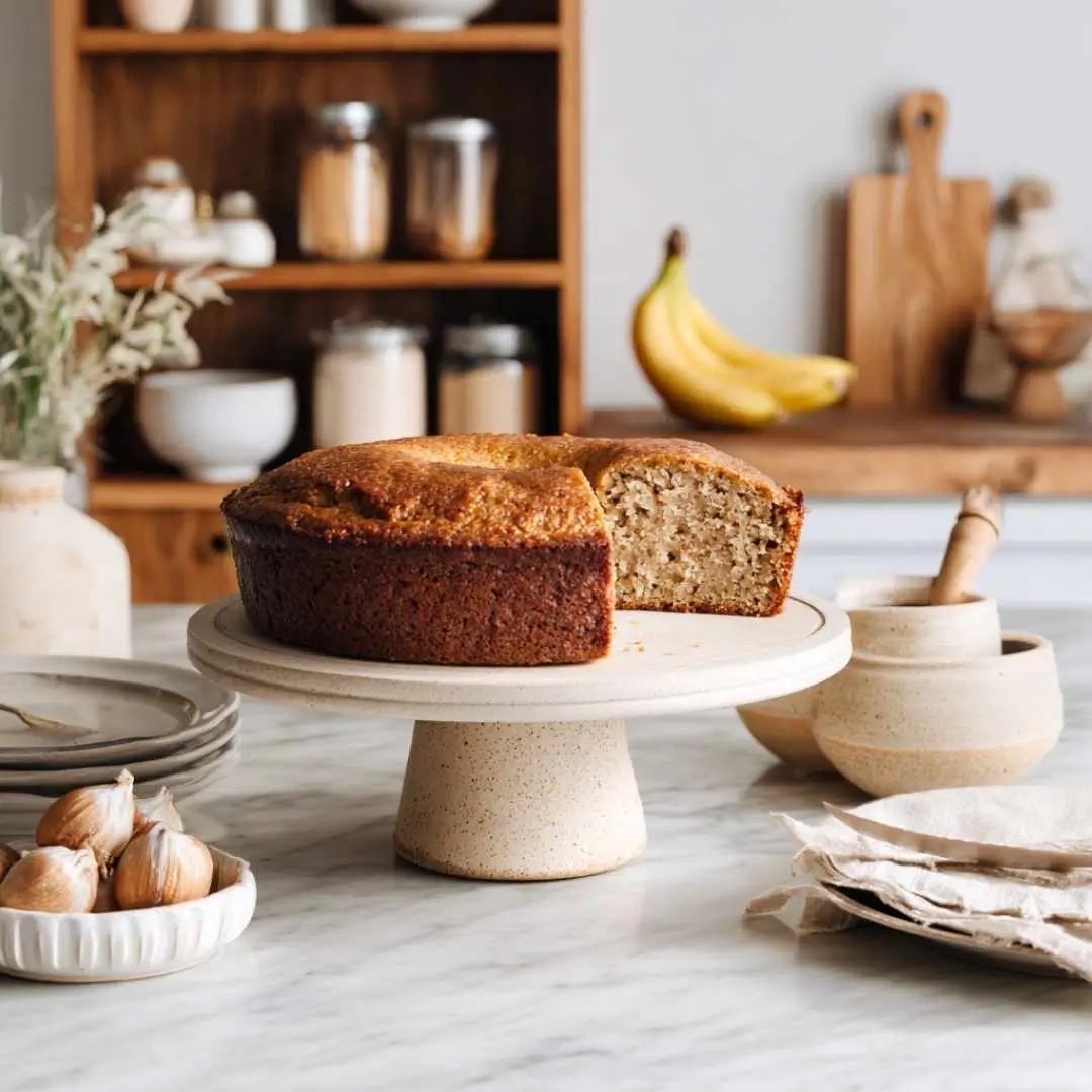 gluten-lactose-free-banana-oat-cake sliced gluten and lactose free banana oat cake in a bright kitchen