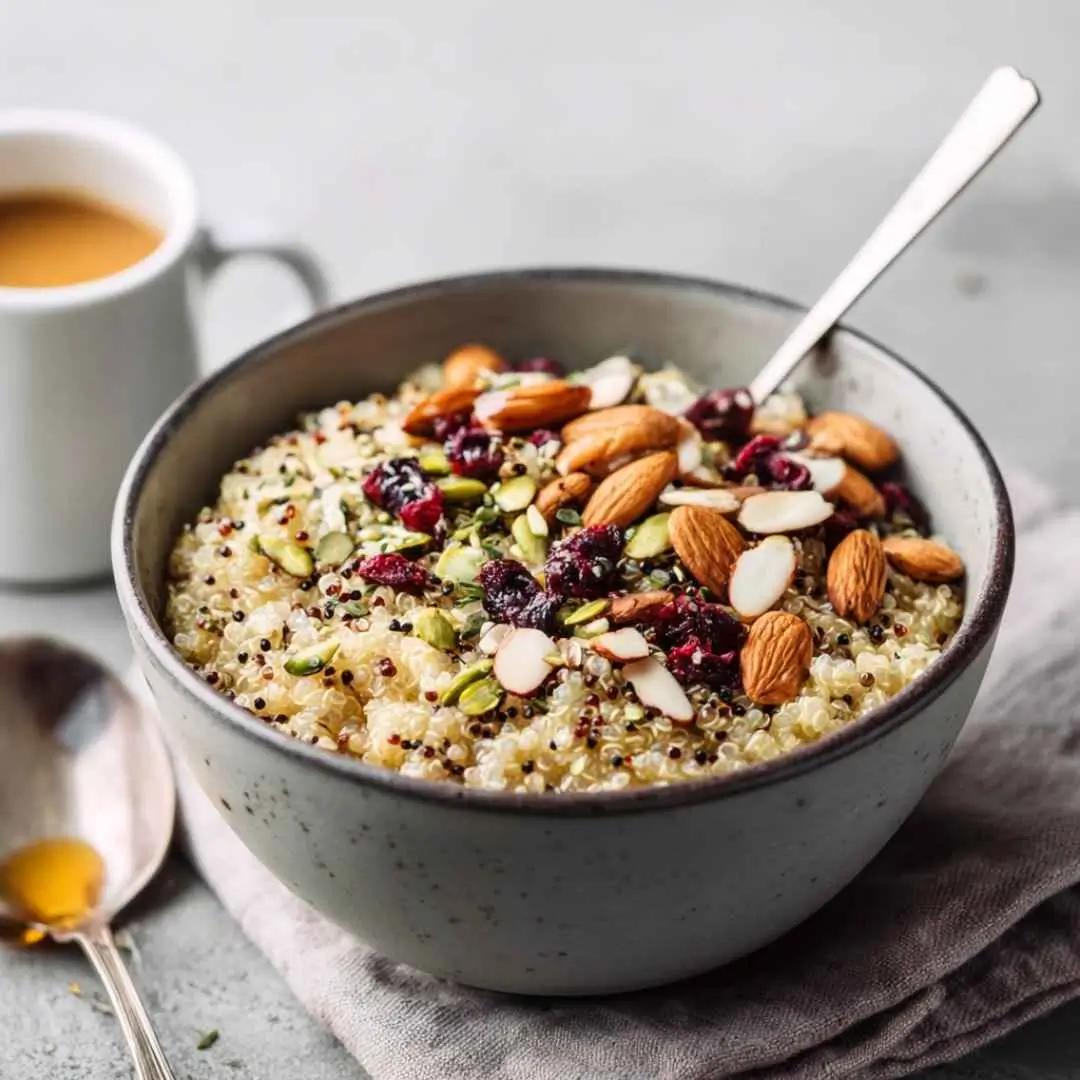 high-protein-gluten-free-breakfast high protein quinoa breakfast bowl with nuts and seeds