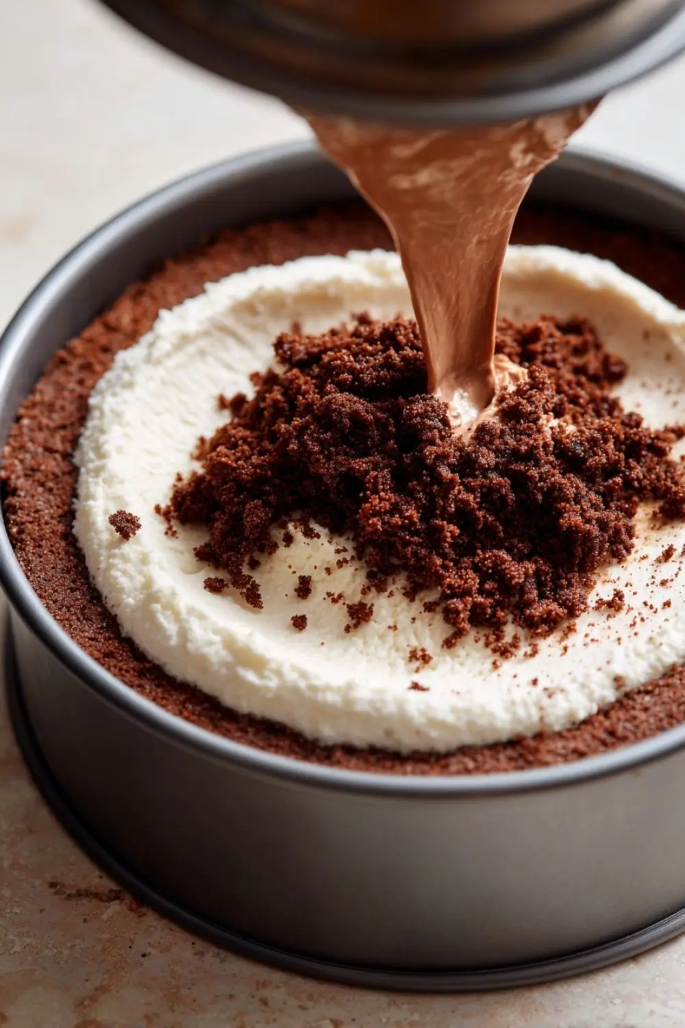 step-gluten-free-ice-cream-cake-layer Spreading chocolate ice cream over gluten free cookie crust