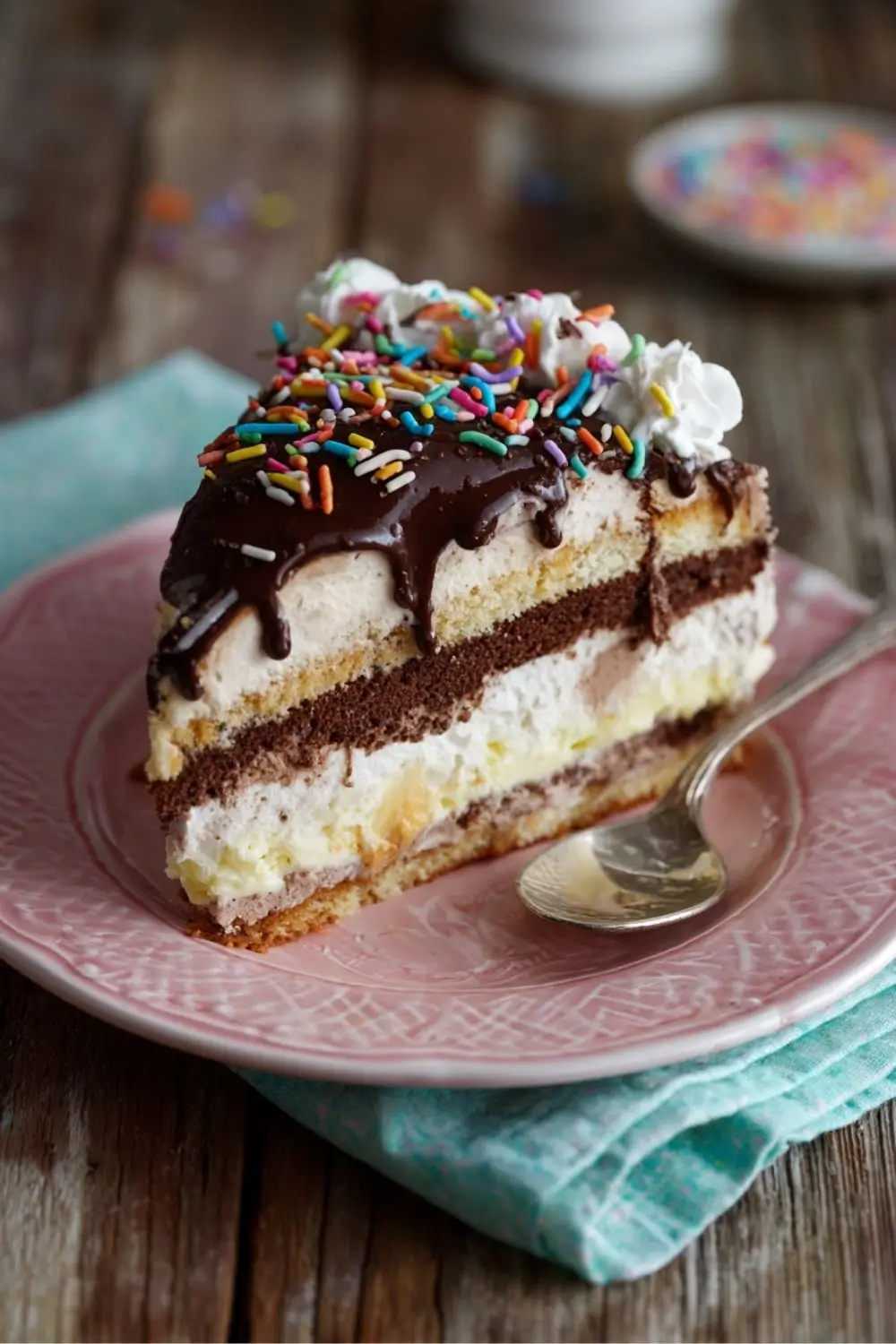 gluten-free-ice-cream-cake-slice Slice of gluten free ice cream cake with visible layers