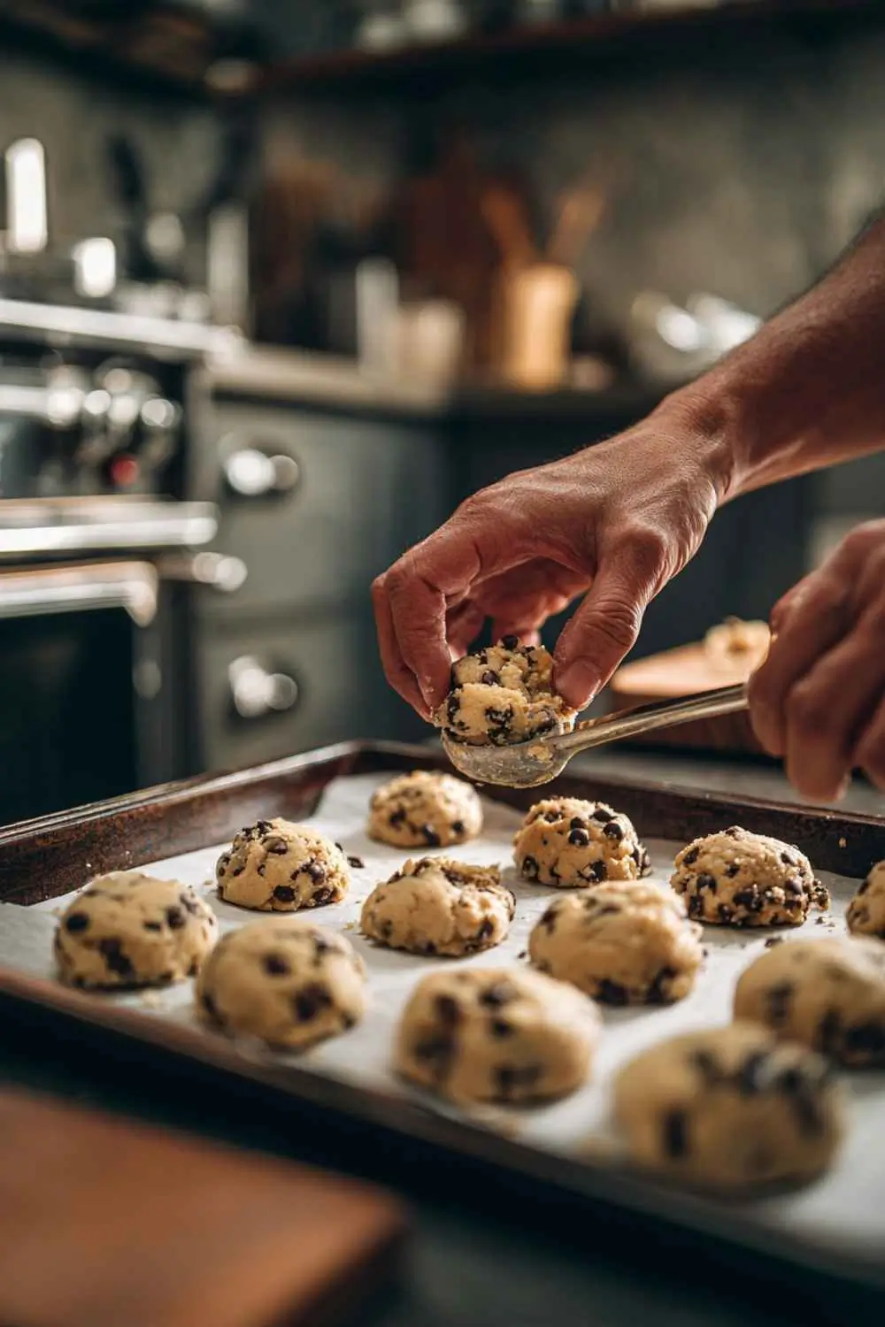 scooping-gluten-free-cookie-dough-modern scooping gluten free chocolate chocolate chip cookie recipe dough in a modern kitchen