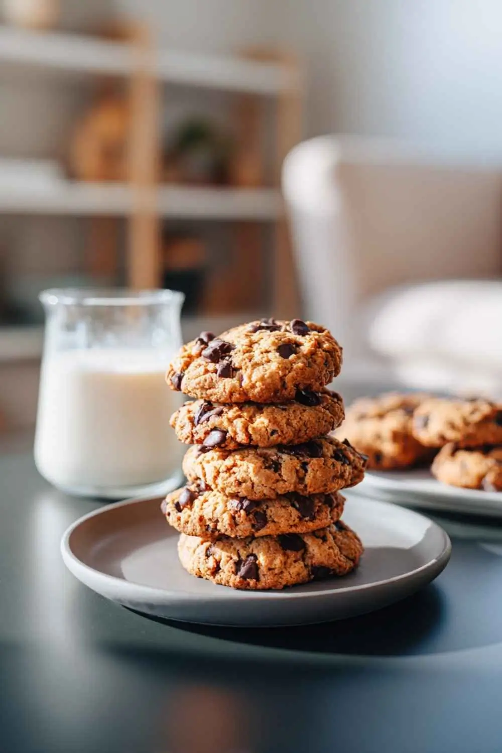 serving-gluten-free-cookies-modern-kitchen stack of gluten free chocolate chocolate chip cookie recipe with oat milk in modern kitchen